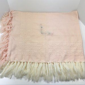 Vintage Baby Blanket Acrylic Pink w/ White Fringe Embroidered Flowers